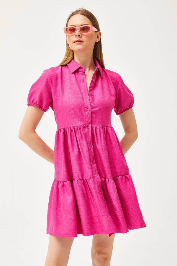 Women's Fuchsia Patchwork Linen Blend Shirt Dress ELB-19002075 - 2