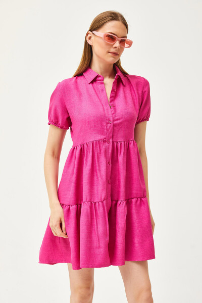 Women's Fuchsia Patchwork Linen Blend Shirt Dress ELB-19002075 - 3