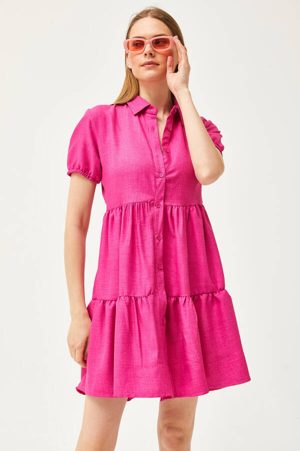 Women's Fuchsia Patchwork Linen Blend Shirt Dress ELB-19002075 - 4