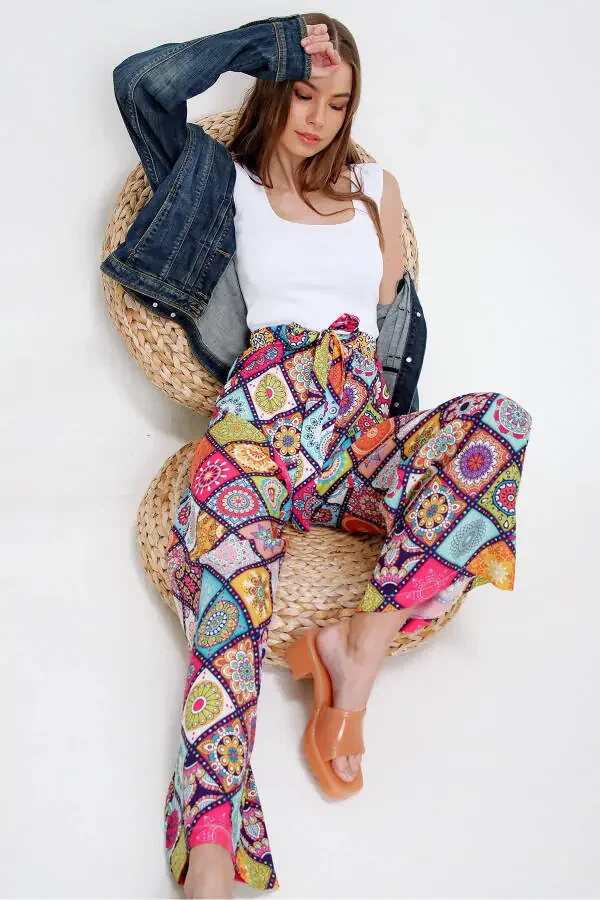 Women's Fuchsia Patterned Relaxed Fit Trousers ALC-X6016 - 3