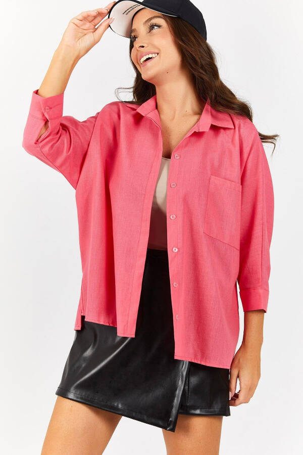 Women's Fuchsia Pocket Loose Linen Shirt ARM-21Y001035 - 1