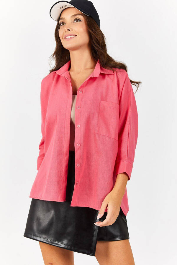 Women's Fuchsia Pocket Loose Linen Shirt ARM-21Y001035 - 2