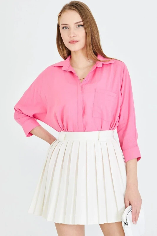 Women's Fuchsia Pocket Loose Linen Shirt ARM-21Y001035 - ARMONIKA