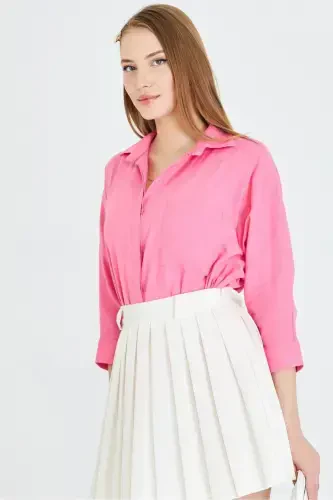 Women's Fuchsia Pocket Loose Linen Shirt ARM-21Y001035 - ARMONIKA (1)