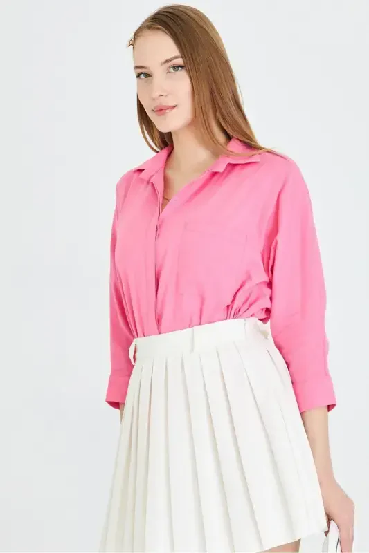 Women's Fuchsia Pocket Loose Linen Shirt ARM-21Y001035 - 2