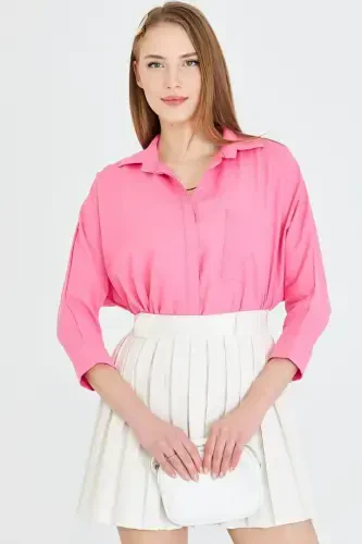Women's Fuchsia Pocket Loose Linen Shirt ARM-21Y001035 - 3