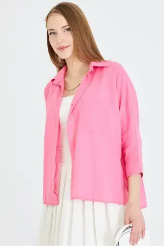 Women's Fuchsia Pocket Loose Linen Shirt ARM-21Y001035 - 4
