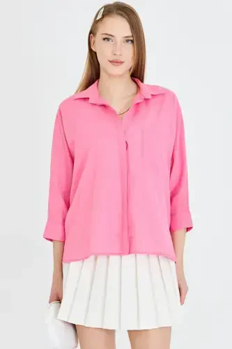 Women's Fuchsia Pocket Loose Linen Shirt ARM-21Y001035 - 5