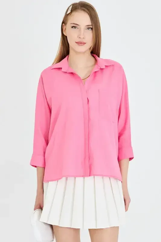 Women's Fuchsia Pocket Loose Linen Shirt ARM-21Y001035 - 5
