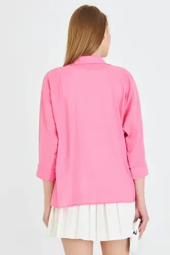 Women's Fuchsia Pocket Loose Linen Shirt ARM-21Y001035 - 6