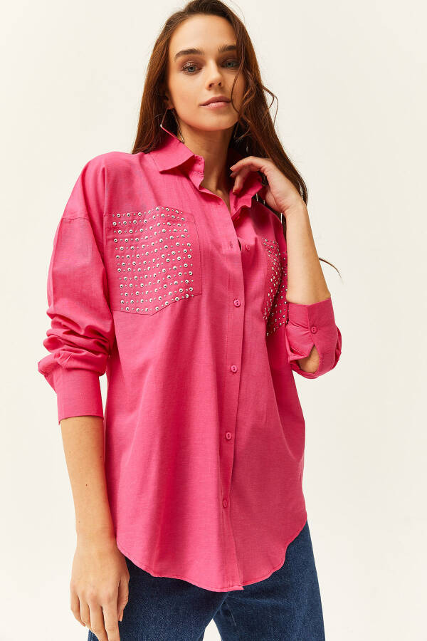 Women's Fuchsia Pocket Oversized Shirt with Rivet Detail GML-19001167 - 1