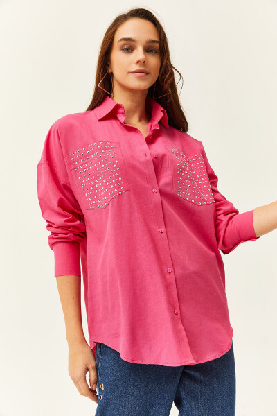 Women's Fuchsia Pocket Oversized Shirt with Rivet Detail GML-19001167 - 2