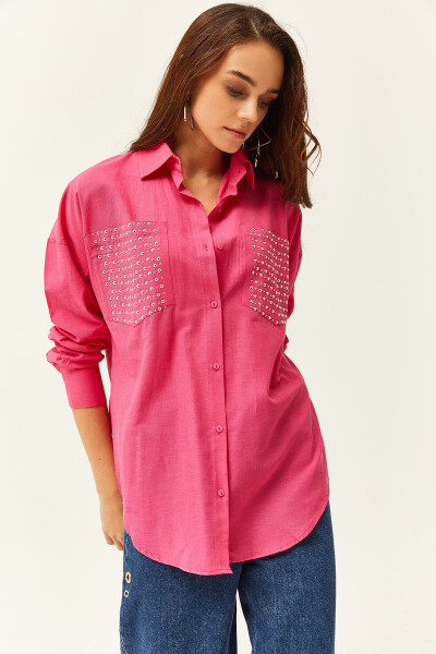 Women's Fuchsia Pocket Oversized Shirt with Rivet Detail GML-19001167 - 3