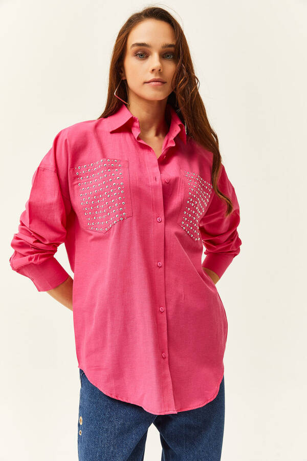 Women's Fuchsia Pocket Oversized Shirt with Rivet Detail GML-19001167 - 4