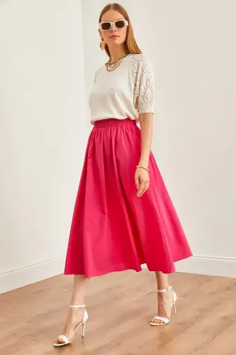 Women's Fuchsia Pocketed Elastic Waist Midi Woven Bell Skirt 