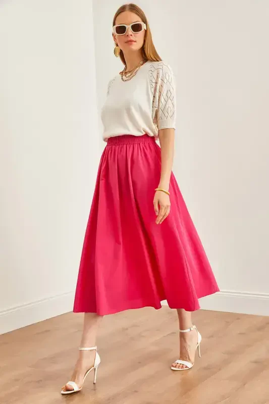 Women's Fuchsia Pocketed Elastic Waist Midi Woven Bell Skirt - OLALOOK