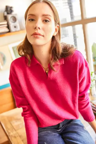 Women's Fuchsia Polo Collar Washed Soft Touch Knitted Sweater KZK-19000432-Fuchsia 
