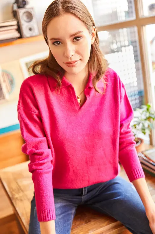 Women's Fuchsia Polo Collar Washed Soft Touch Knitted Sweater KZK-19000432-Fuchsia - 2