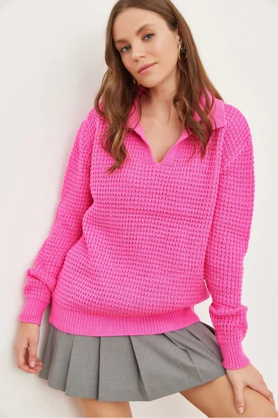 Women's Fuchsia Polo Neck Honeycomb Knit Sweater KZK-19000826 - OLALOOK