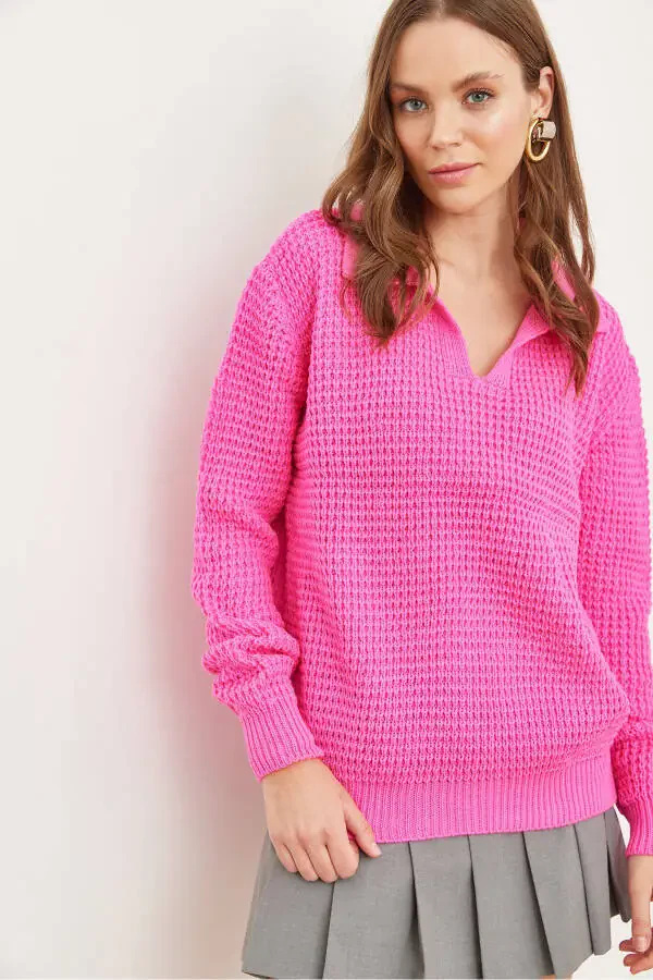 Women's Fuchsia Polo Neck Honeycomb Knit Sweater KZK-19000826 - 2