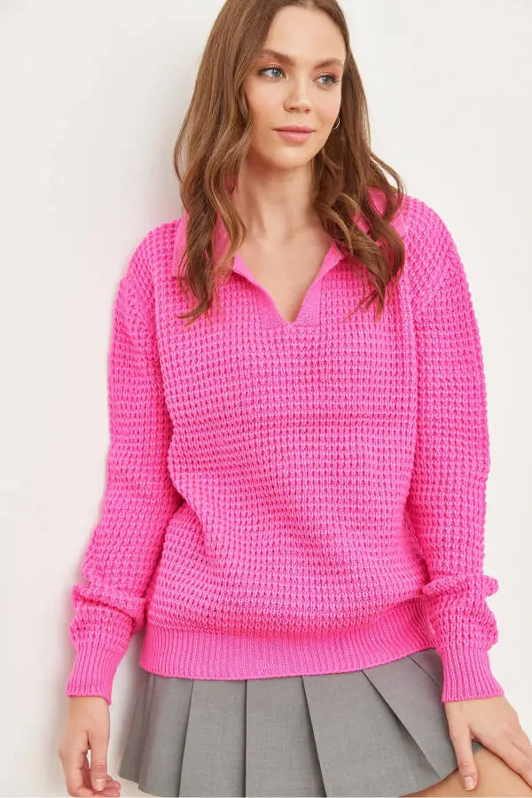 Women's Fuchsia Polo Neck Honeycomb Knit Sweater KZK-19000826 - 3