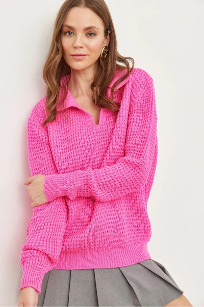 Women's Fuchsia Polo Neck Honeycomb Knit Sweater KZK-19000826 - 4