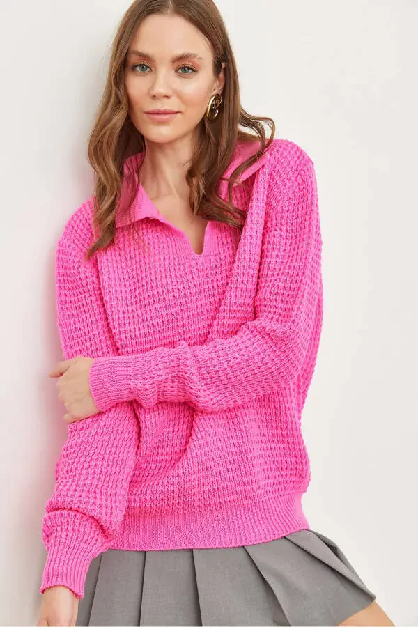 Women's Fuchsia Polo Neck Honeycomb Knit Sweater KZK-19000826 - 4