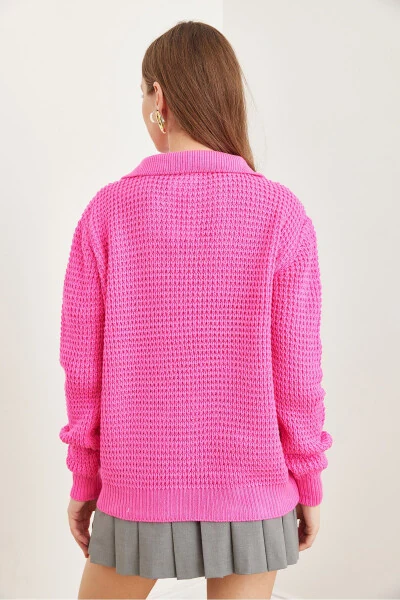 Women's Fuchsia Polo Neck Honeycomb Knit Sweater KZK-19000826 - 5