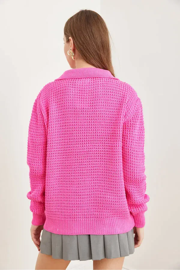 Women's Fuchsia Polo Neck Honeycomb Knit Sweater KZK-19000826 - 5