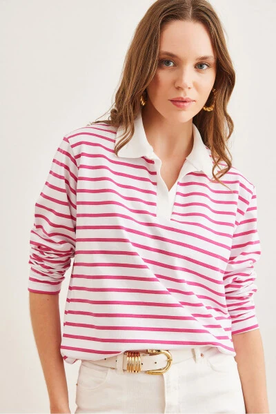 Women's Fuchsia Polo Neck Striped Sweatshirt SWT-19000629 - OLALOOK (1)
