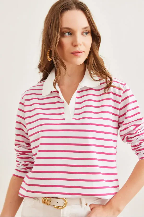 Women's Fuchsia Polo Neck Striped Sweatshirt SWT-19000629 - 3