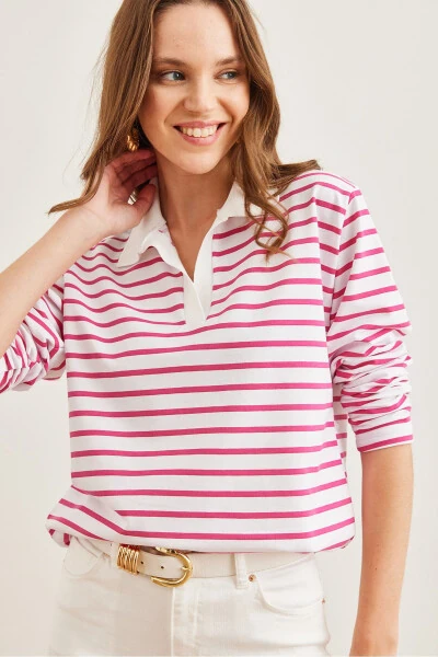 Women's Fuchsia Polo Neck Striped Sweatshirt SWT-19000629 - 4