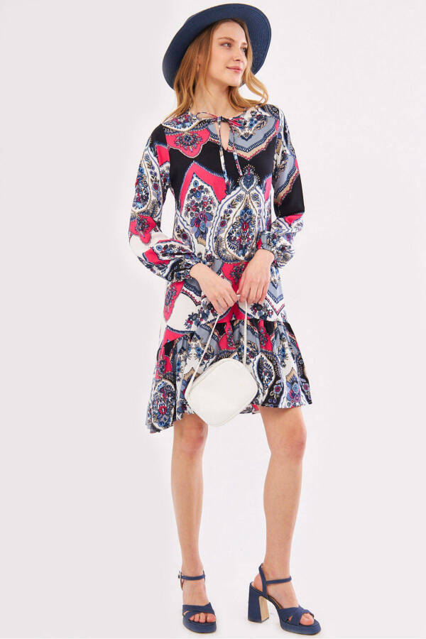 Women's Fuchsia Printed Dress with Tie Neck and Ruffled Skirt Long Sleeve ARM-24Y001003 - 1