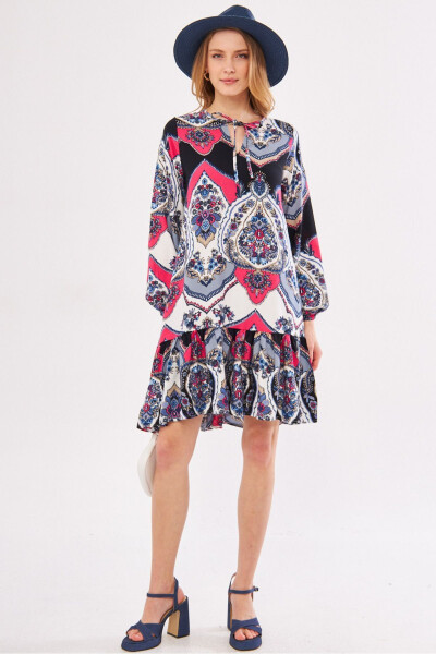 Women's Fuchsia Printed Dress with Tie Neck and Ruffled Skirt Long Sleeve ARM-24Y001003 - 3