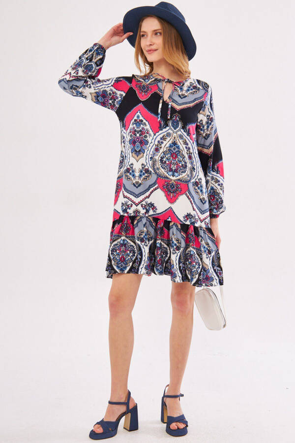 Women's Fuchsia Printed Dress with Tie Neck and Ruffled Skirt Long Sleeve ARM-24Y001003 - 4