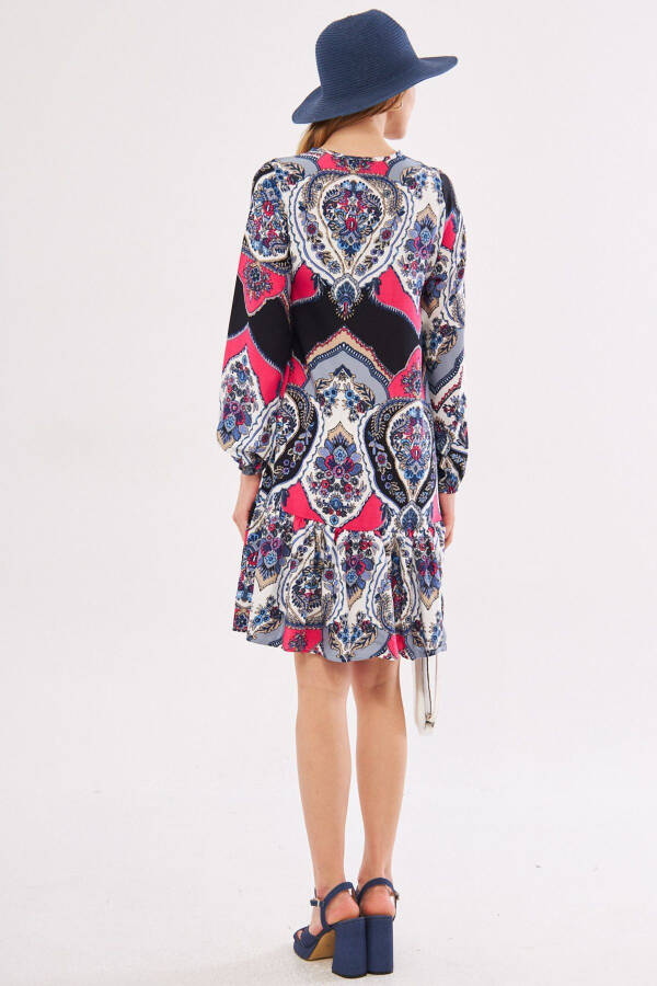 Women's Fuchsia Printed Dress with Tie Neck and Ruffled Skirt Long Sleeve ARM-24Y001003 - 5