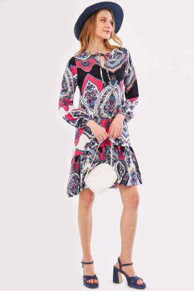 Women's Fuchsia Printed Dress with Tie Neck and Ruffled Skirt Long Sleeve ARM-24Y001003 - 6