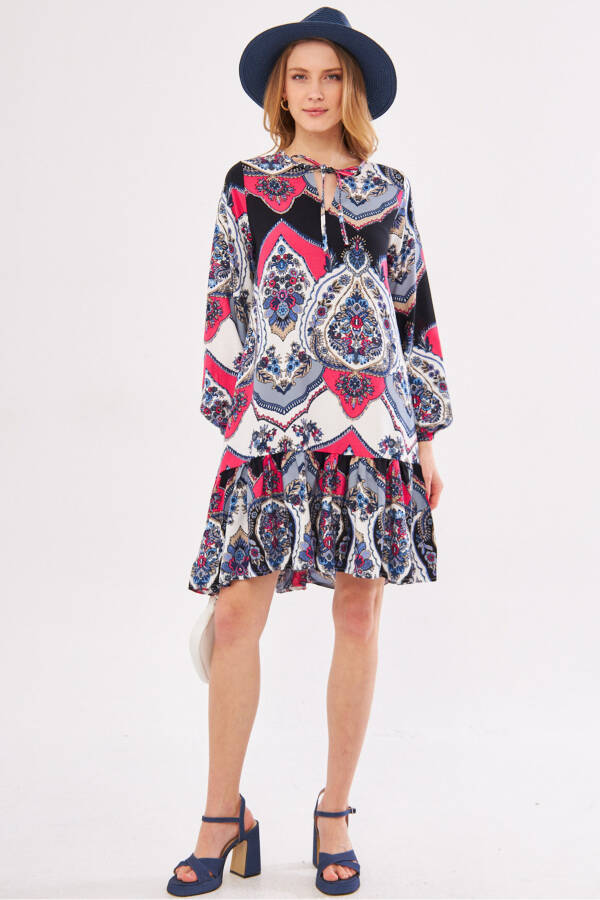 Women's Fuchsia Printed Dress with Tie Neck and Ruffled Skirt Long Sleeve ARM-24Y001003 - 8