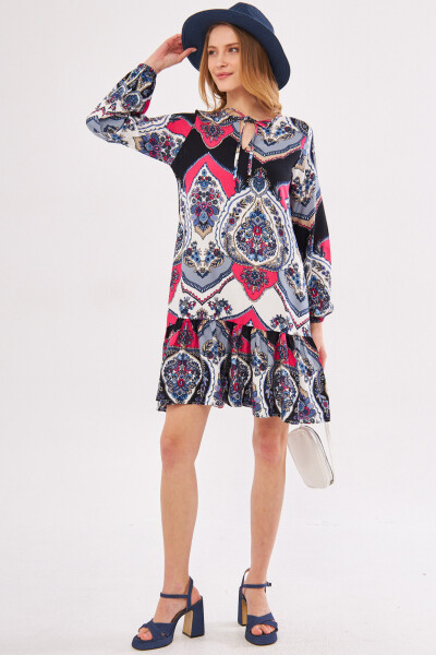 Women's Fuchsia Printed Dress with Tie Neck and Ruffled Skirt Long Sleeve ARM-24Y001003 - 9