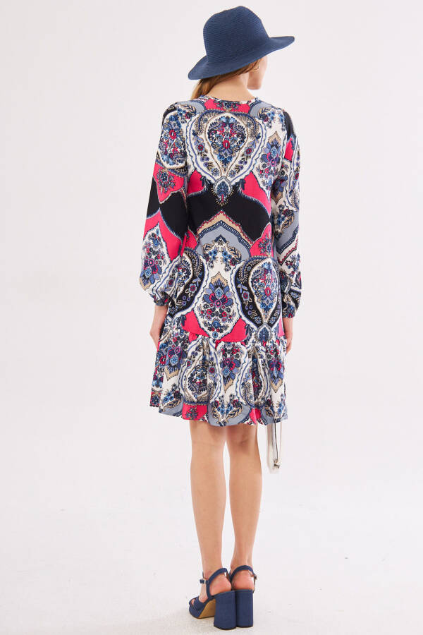 Women's Fuchsia Printed Dress with Tie Neck and Ruffled Skirt Long Sleeve ARM-24Y001003 - 10