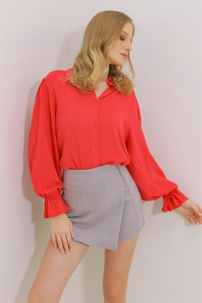 Women's Fuchsia Ruffle Sleeve Viscon Woven Blouse ALC-X11431 - 3