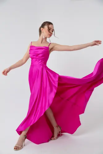 Women's Fuchsia Ruffled Slit Satin Evening & Graduation Dress-Fuchsia 