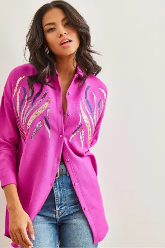Women's Fuchsia Sequin Wool Effect Oversize Winter Shirt GML-19001157-Fuchsia 