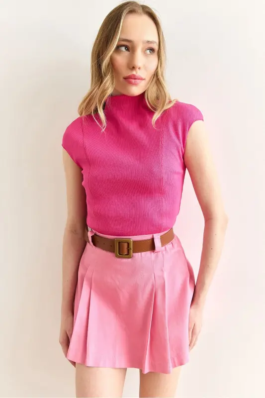 Women's Fuchsia Stand-up Collar Stitch Detail Crop Blouse BLZ-1 - OLALOOK