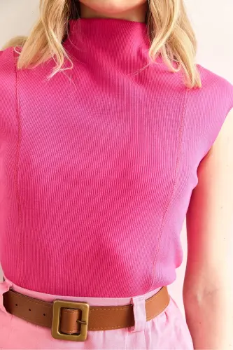 Women's Fuchsia Stand-up Collar Stitch Detail Crop Blouse BLZ-1 - 5