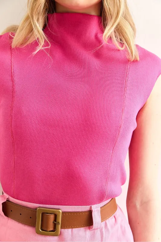 Women's Fuchsia Stand-up Collar Stitch Detail Crop Blouse BLZ-1 - 5