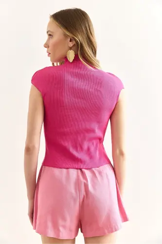 Women's Fuchsia Stand-up Collar Stitch Detail Crop Blouse BLZ-1 - 6