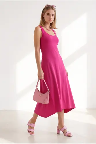 Women's Fuchsia Strappy Midi Cotton Flared Dress ELB-19002444 - Fuchsia 