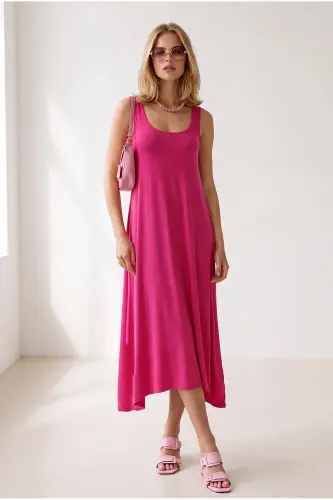 Women's Fuchsia Strappy Midi Cotton Flared Dress ELB-19002444 - Fuchsia - 2