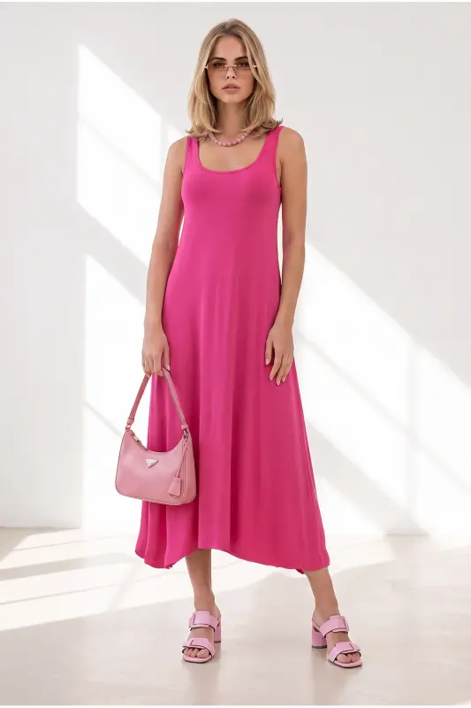 Women's Fuchsia Strappy Midi Cotton Flared Dress ELB-19002444 - Fuchsia - 3